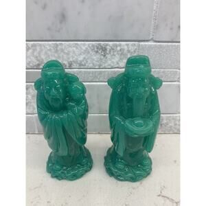 Vintage Chinese Green Faux Jade Resin Sculpture Figurines Wise Men Set of 2